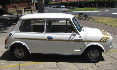 Australian Leyland Mini Clubman GT white with gold stripes.png