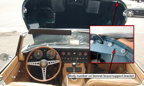 E-type body number stamping on hood bonnet brace bracket.png