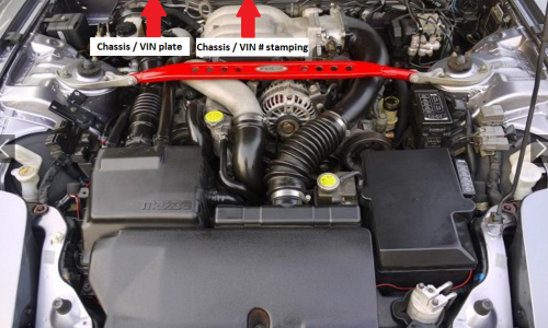 Engine bay Mazda RX-7 Spirit R chassis and engine number locations.png