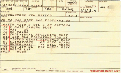 Studebaker Daytona Option Codes production order 1964.png